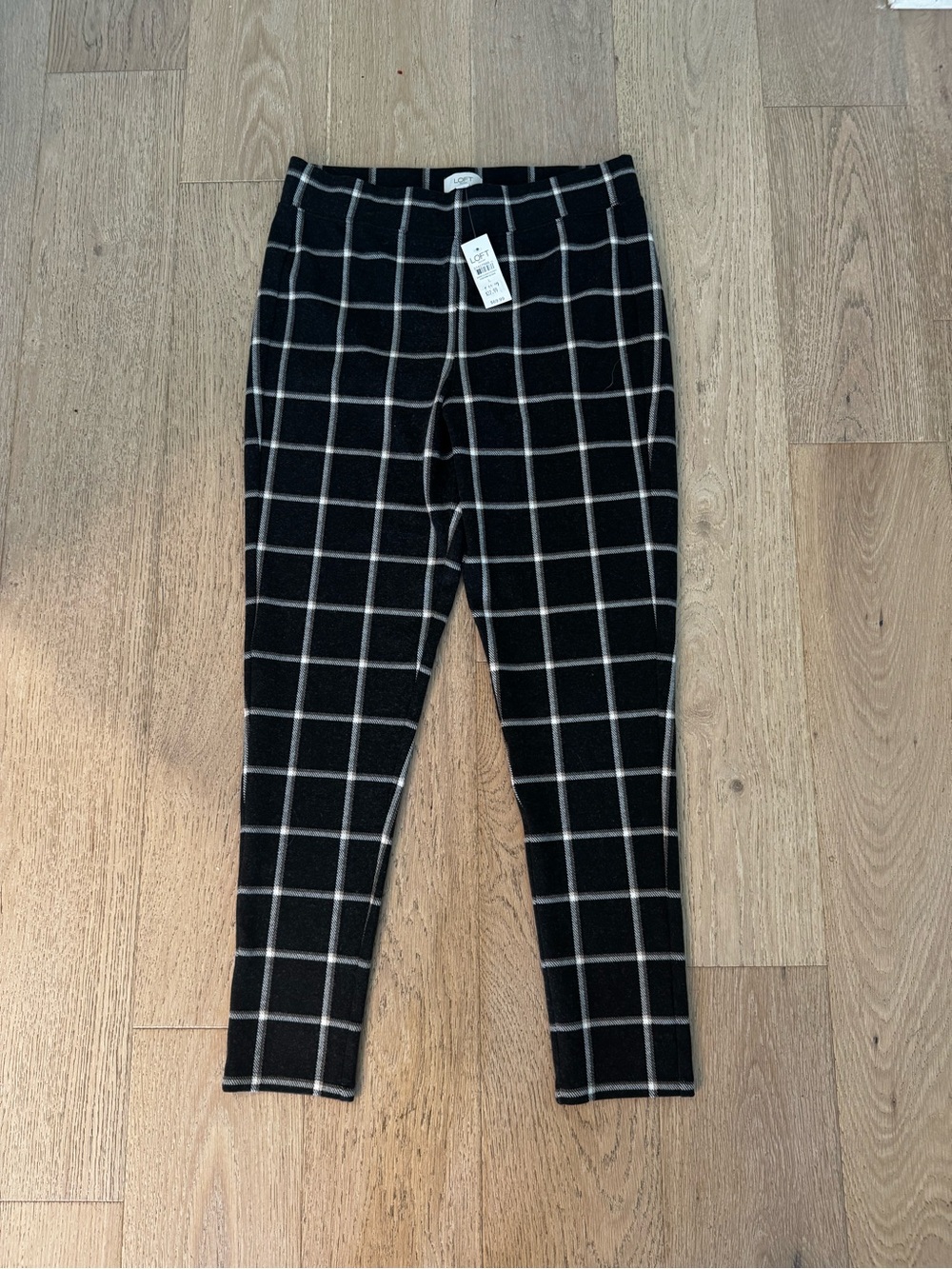 LOFT NWT Black White Windowpane Plaid Pull On Ankle Pants Size L